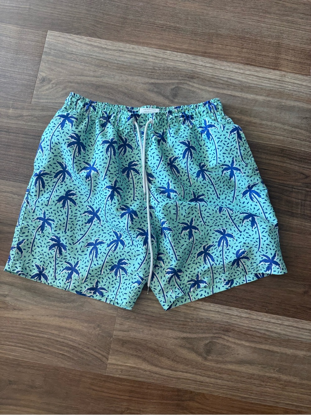 Mint Green Palm-Print Swim Trunks with Blue Accents